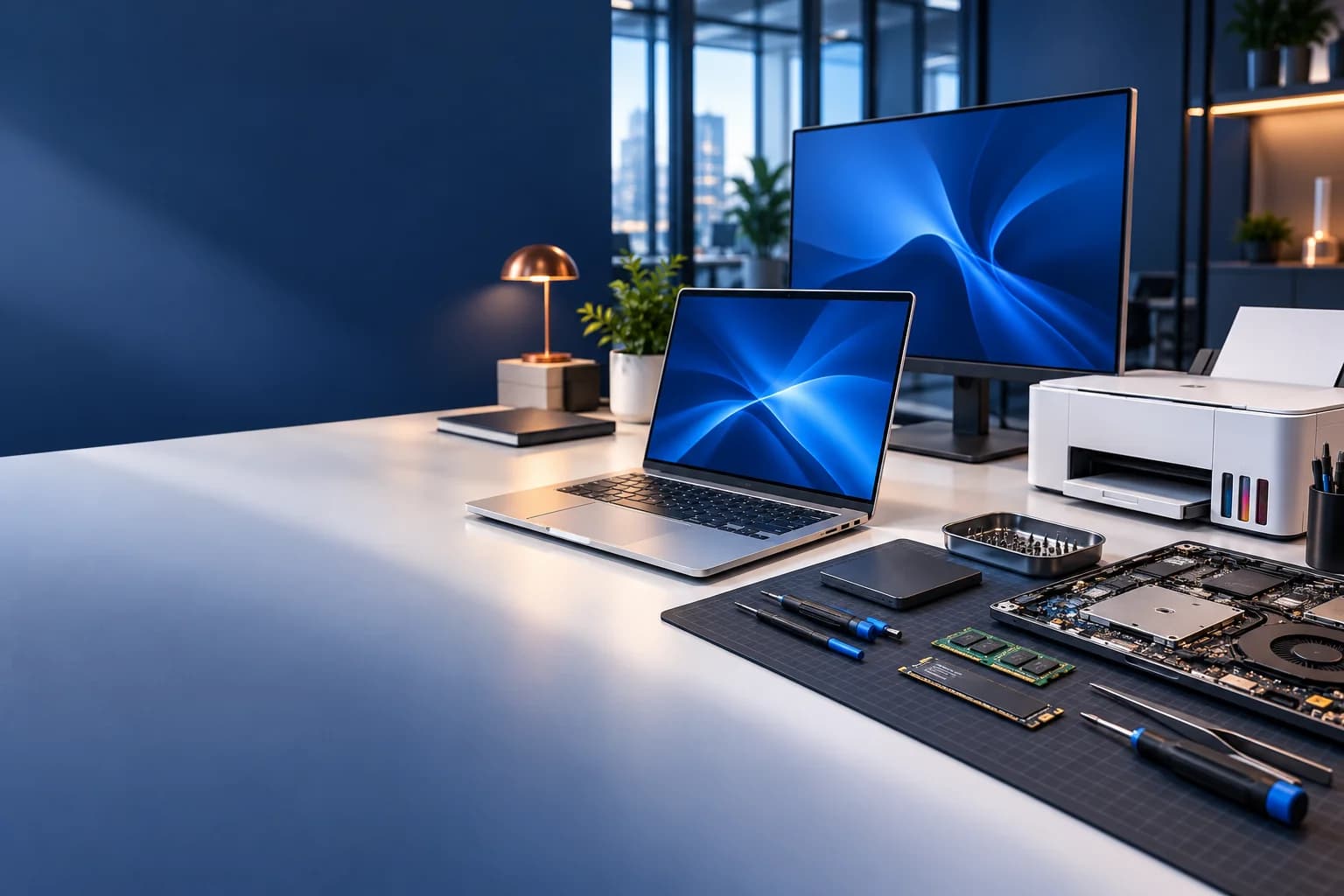Illustrative laptop, printer and computer service technology arrangement