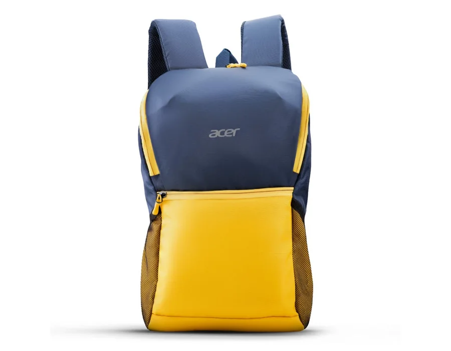 Acer Pulse Lightweight Rich Polyster PU Coated Water-Resistant Backpack, Padded Laptop Sleeve fits up to 15.6 inch, Front Pocket, 2 Side Bottle mesh, Cushioned Straps, Trendy Yellow & Navy Blue Color