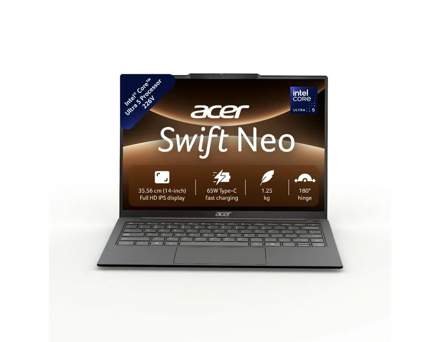 Acer Swift Neo, Intel Core Ultra 5 processor 226V, Windows 11 Home + MS Office, 16 GB RAM, 512 GB SSD, 14.0" (35.56 cm) display, Gray, SFN14-56, Fingerprint reader, 1.25 kg Thin and Light Laptop