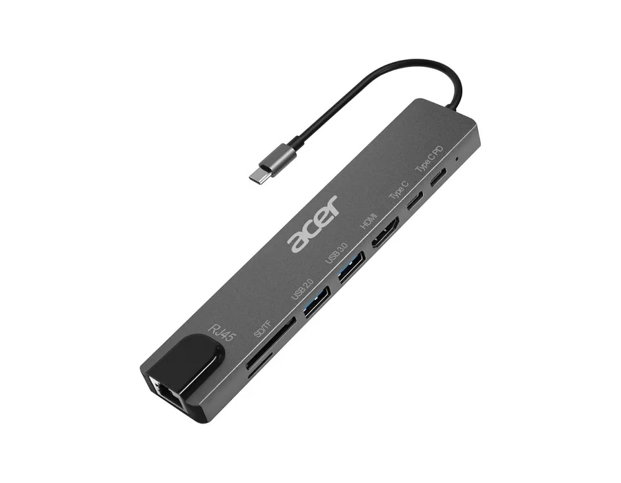 Acer MultiLink 8-in-1 USB-C Hub | 4K HDMI Output | 100W Power Delivery Charging | 100 Mbps RJ45 Ethernet | 2 x USB 3.0 Ports | USB-C Data Port | SD/TF Card Reader – ZC.A01SI.4YS