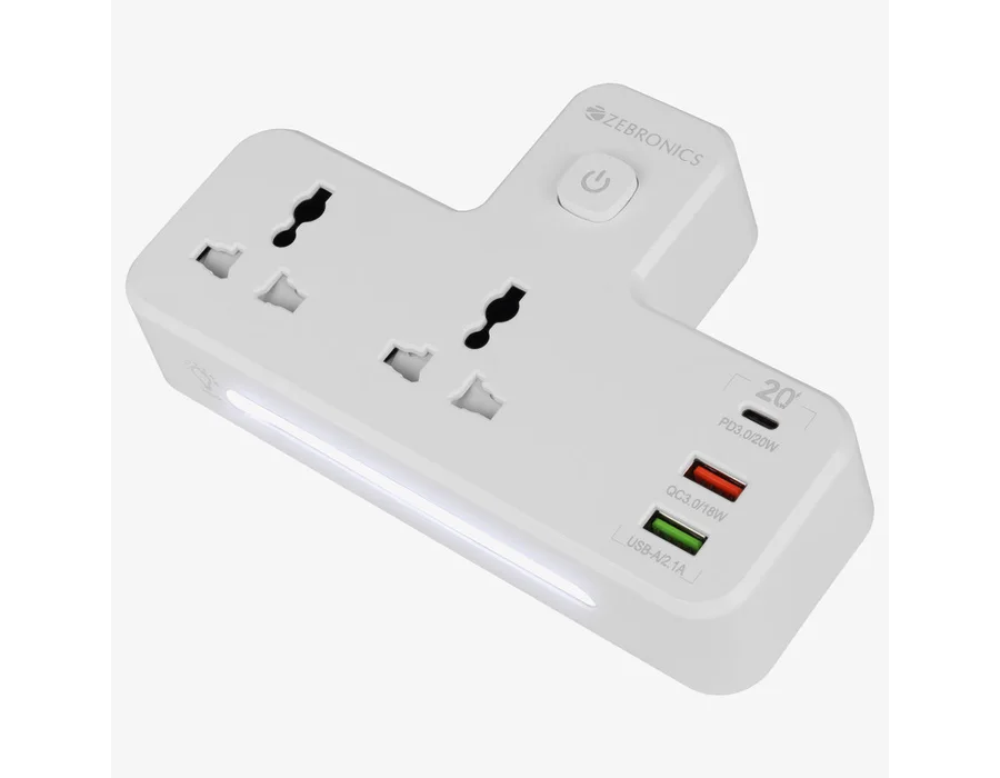 Zebronics Power Plug 23 (2 x 3-pin Socket, 2 x USB, 1 x Type C) with Night Touch Light