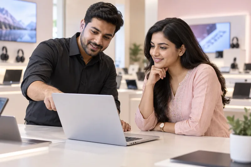 AI illustration of a showroom adviser helping a customer choose a laptop