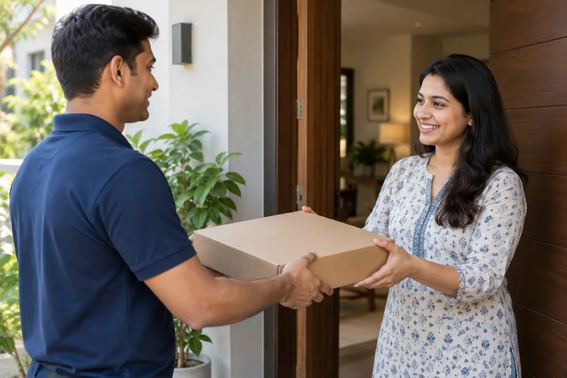 AI illustration of a courier handing a laptop-sized parcel to a customer at home