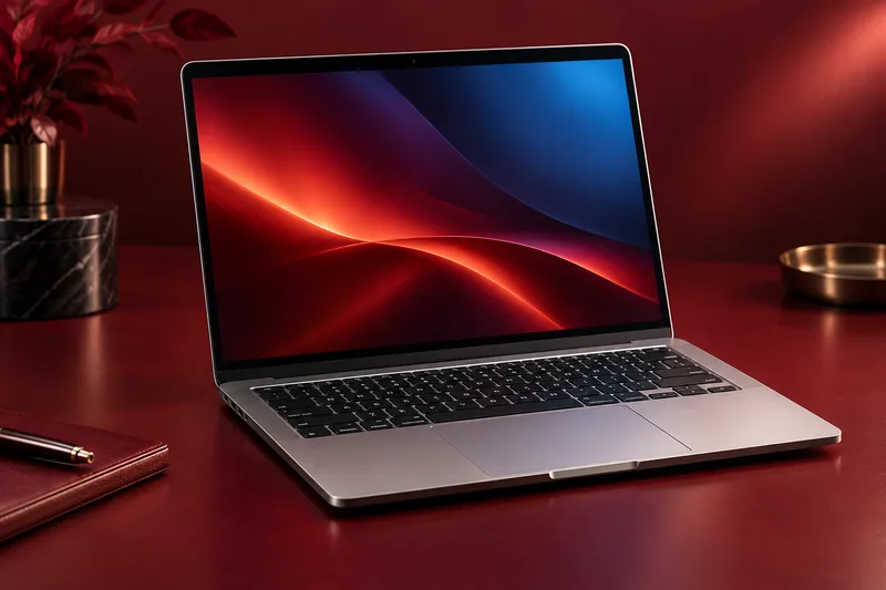 AI illustration of a silver laptop on a red studio desk