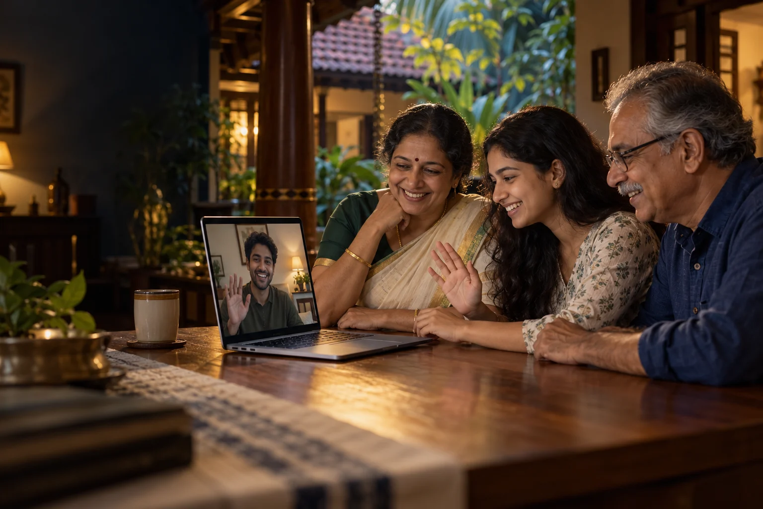 Illustrative Kerala family connecting with a loved one abroad