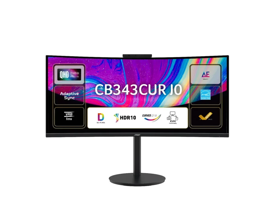 Acer CB343CUR J0 34-inch UWQHD Curved Monitor | 3440x1440 | 120Hz | 1ms VRB | USB-C 140W PD | KVM | 2.5Gb RJ45 | HDR10 | DCI-P3 90% | Delta E<1 | 5W x2 Speakers | Ergostand | AdaptiveSync | PIP/PBP