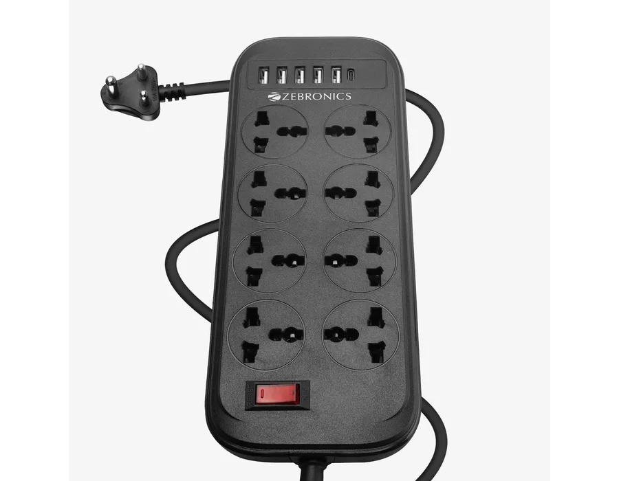 Zebronics Power Bar 282 (8 x 3-pin socket, 5 x USB ports, 1 x Type-C) Extension Cord / Strip